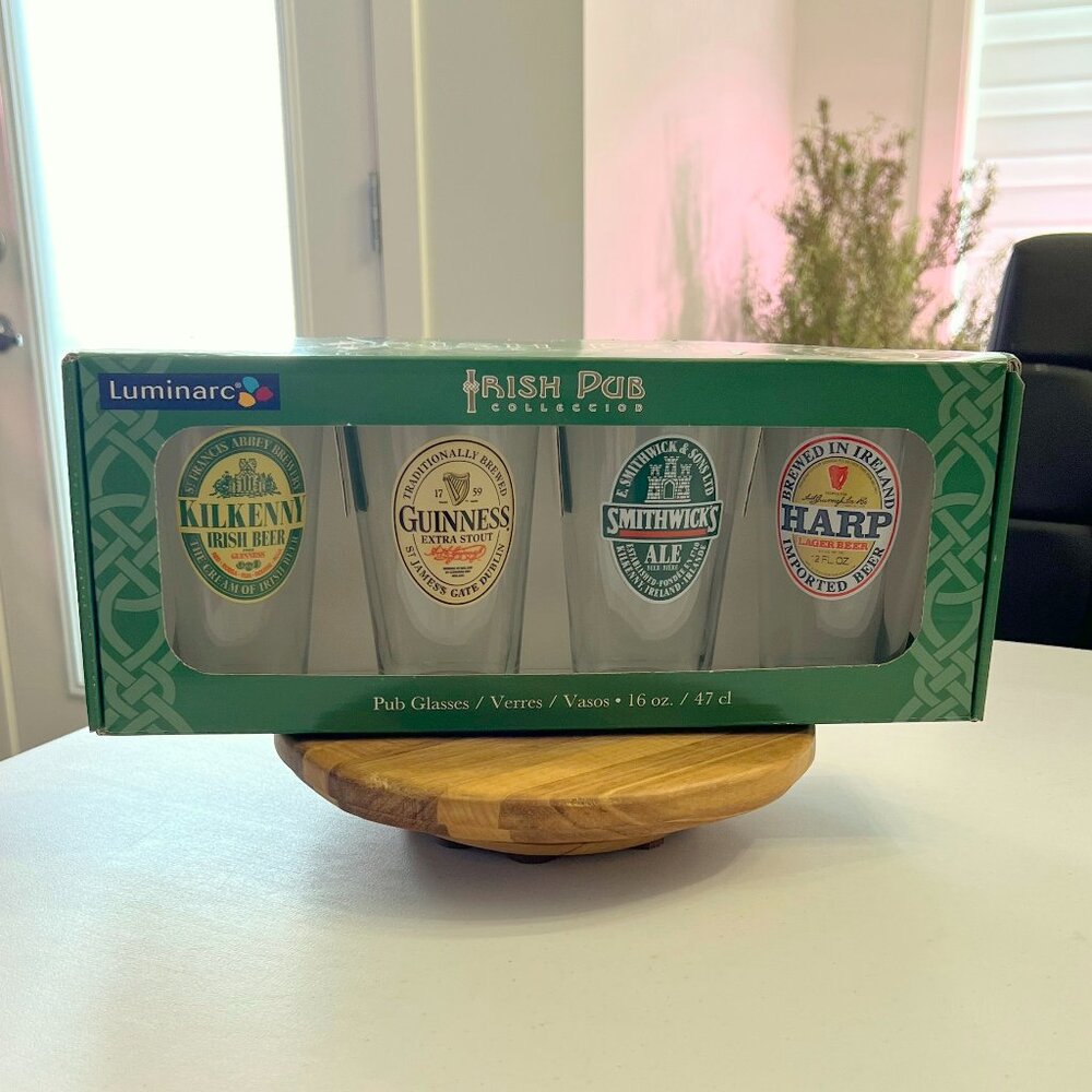 Luminarc Premium Brand New Set of 4 Labelled Irish Pub Glasses!